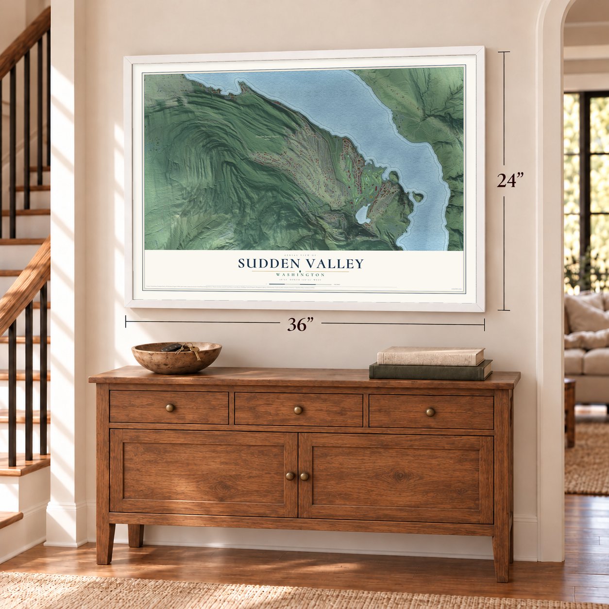 Sudden Valley, Washington map, 24 x 36 inch print in a white frame above a dresser by a staircase