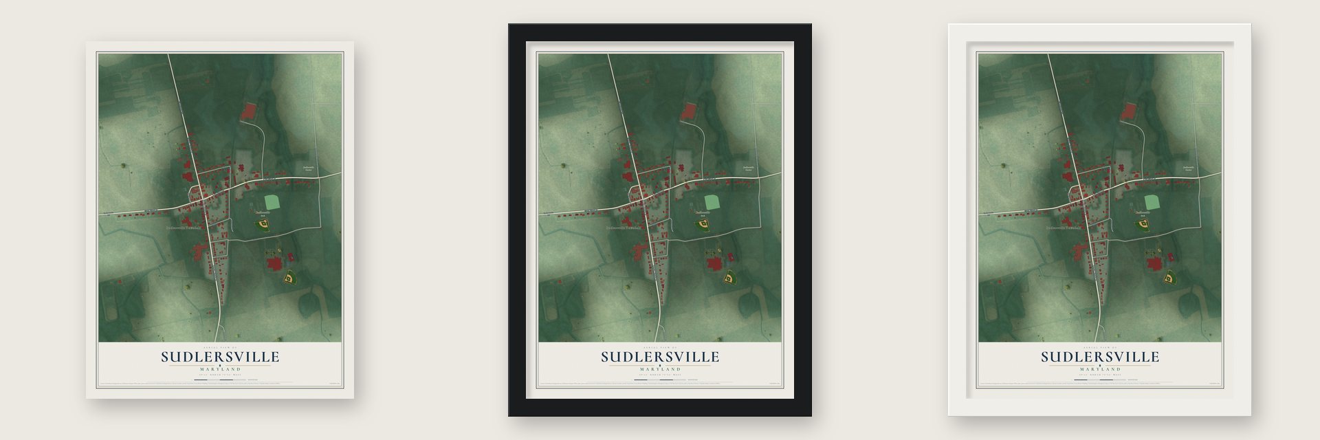 Sudlersville, Maryland map unframed, in a black wood frame and in a white wood frame