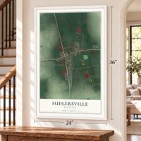 Sudlersville, Maryland map, 24 x 36 inch print in a white frame by a staircase