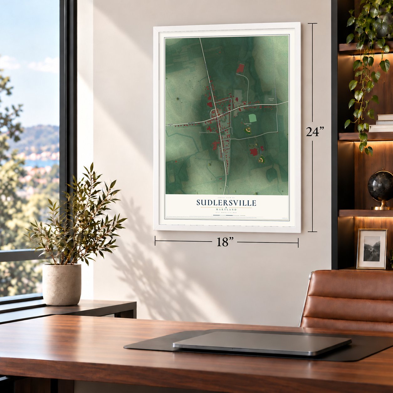 Sudlersville, Maryland map, 18 x 24 inch print in a white frame in a home office