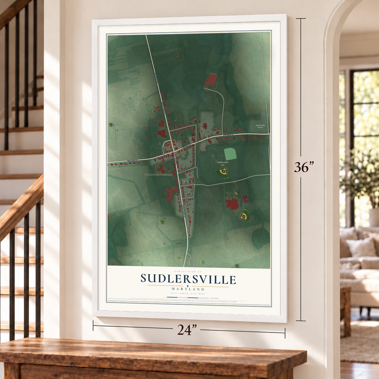 Sudlersville, Maryland map, 24 x 36 inch print in a white frame by a staircase