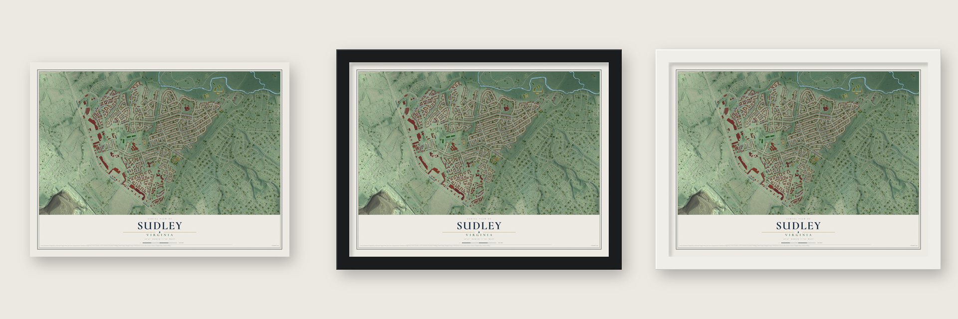 Sudley, Virginia map unframed, in a black wood frame and in a white wood frame