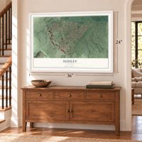 Sudley, Virginia map, 24 x 36 inch print in a white frame above a dresser by a staircase