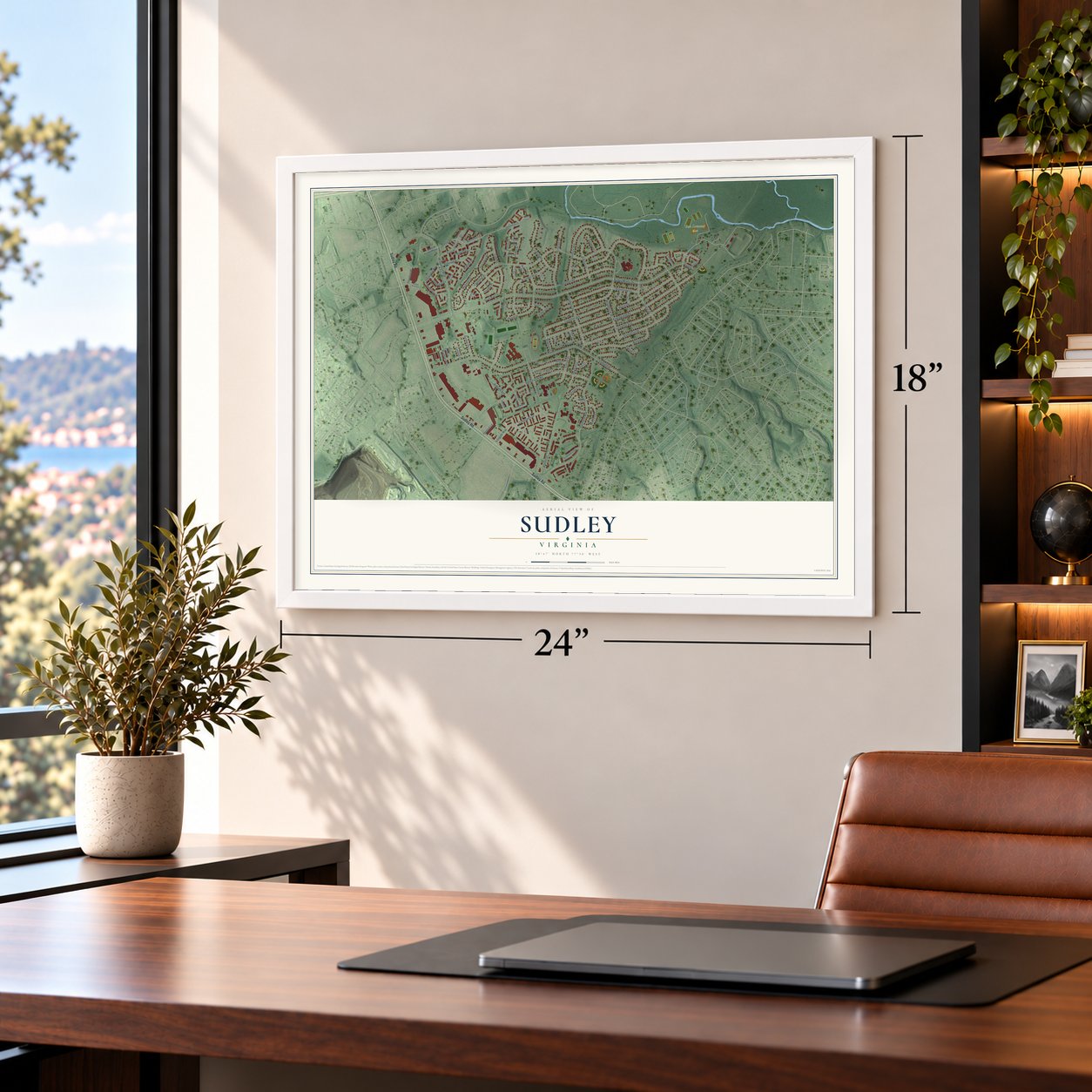Sudley, Virginia map, 18 x 24 inch print in a white frame in a home office
