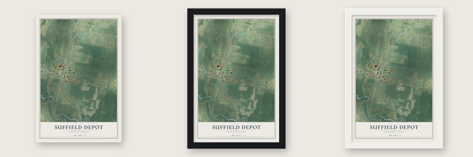 Suffield Depot, Connecticut map unframed, in a black wood frame and in a white wood frame