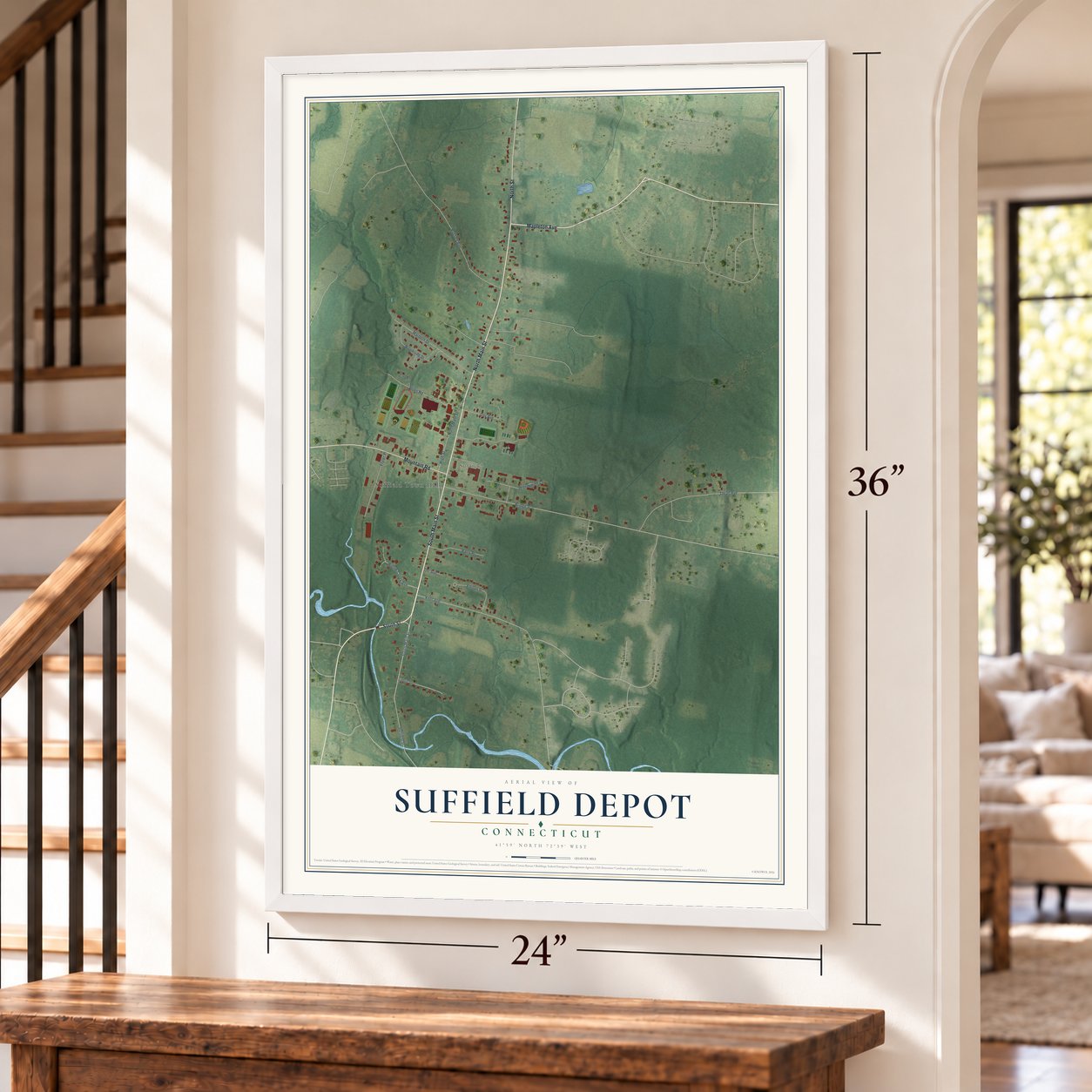 Suffield Depot, Connecticut map, 24 x 36 inch print in a white frame by a staircase