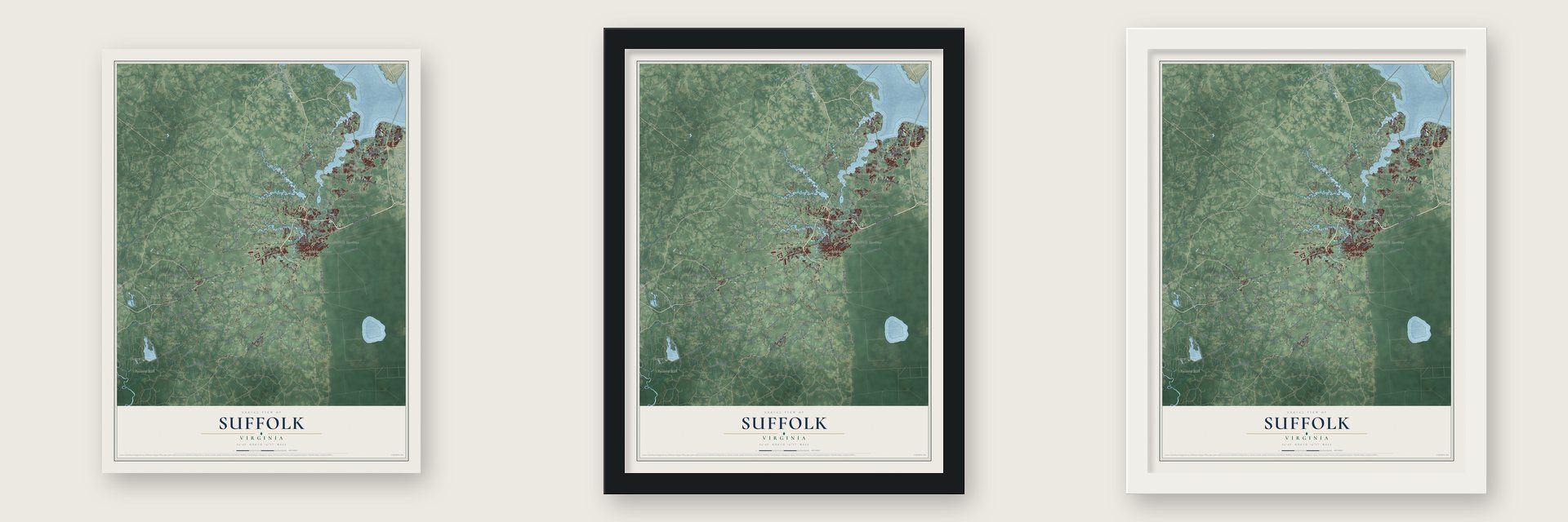 Suffolk, Virginia map unframed, in a black wood frame and in a white wood frame
