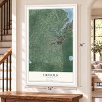 Suffolk, Virginia map, 24 x 36 inch print in a white frame by a staircase