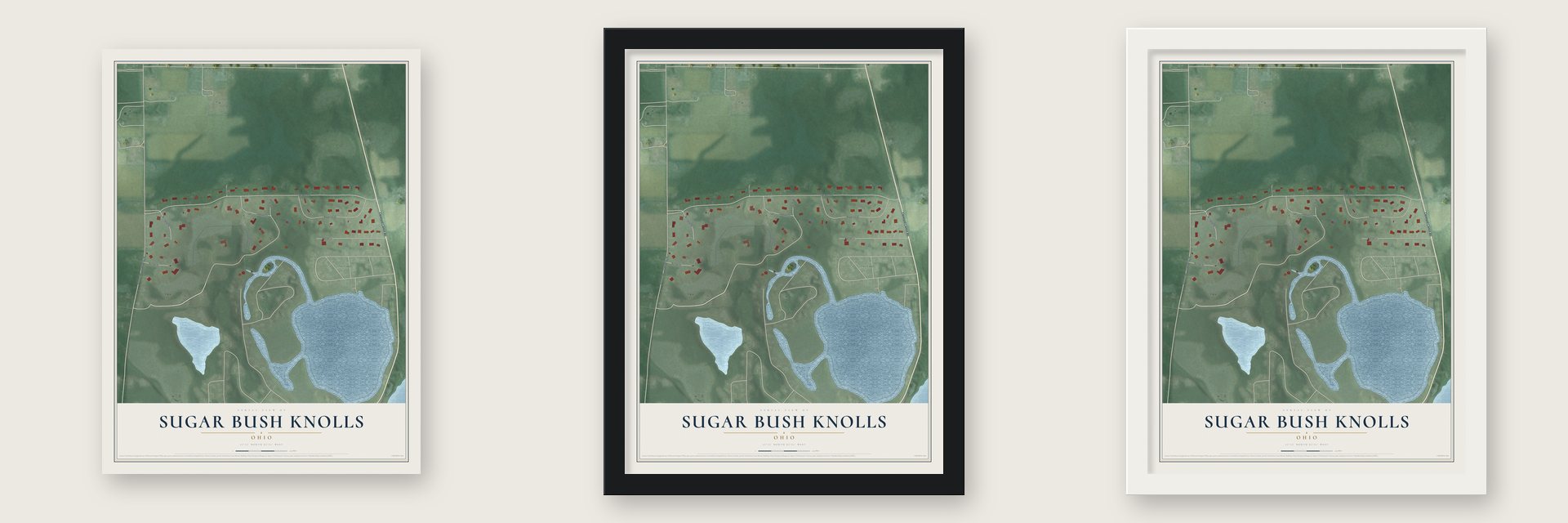 Sugar Bush Knolls, Ohio map unframed, in a black wood frame and in a white wood frame