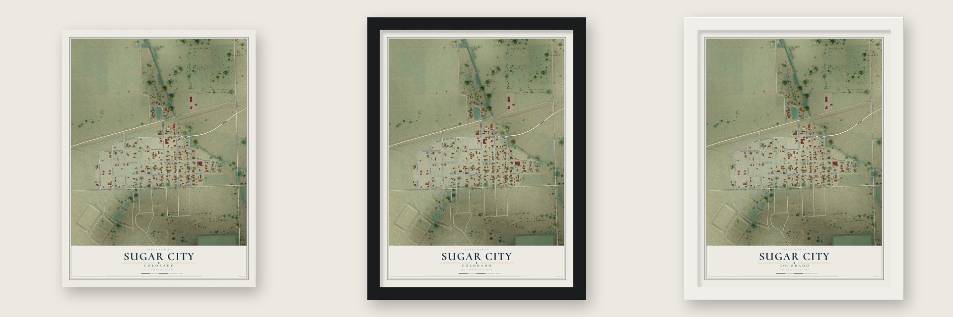 Sugar City, Colorado map unframed, in a black wood frame and in a white wood frame