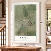 Sugar City, Colorado map, 24 x 36 inch print in a white frame by a staircase