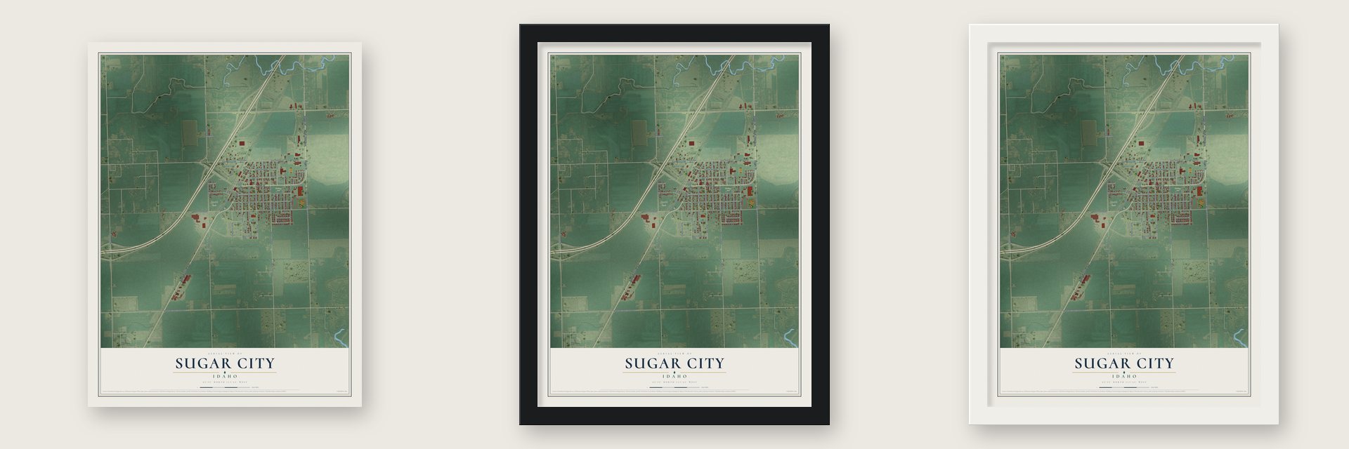 Sugar City, Idaho map unframed, in a black wood frame and in a white wood frame