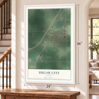 Sugar City, Idaho map, 24 x 36 inch print in a white frame by a staircase