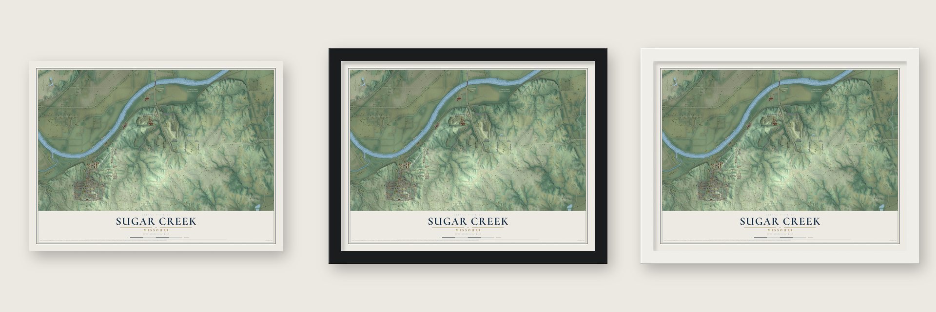 Sugar Creek, Missouri map unframed, in a black wood frame and in a white wood frame