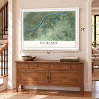 Sugar Creek, Missouri map, 24 x 36 inch print in a white frame above a dresser by a staircase