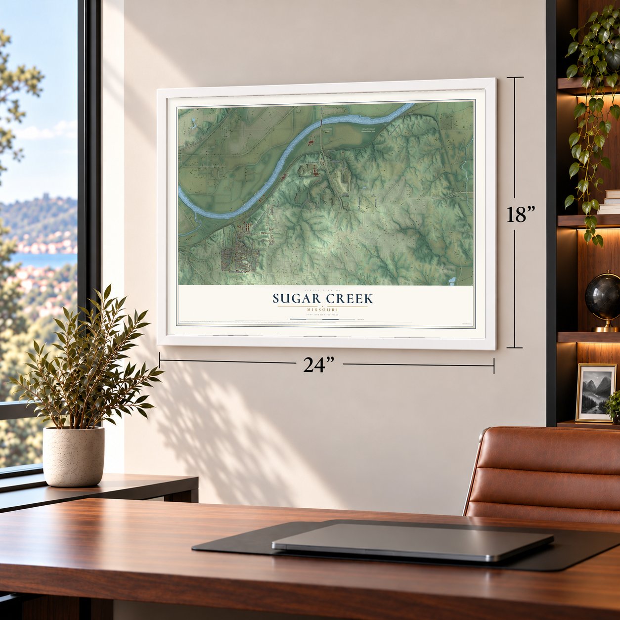Sugar Creek, Missouri map, 18 x 24 inch print in a white frame in a home office