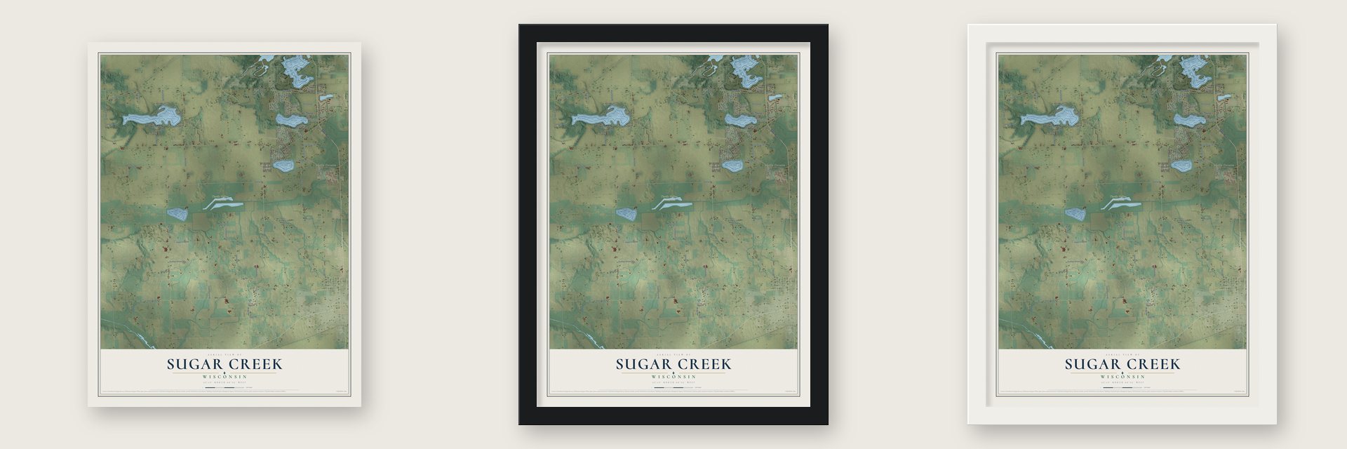 Sugar Creek, Wisconsin map unframed, in a black wood frame and in a white wood frame