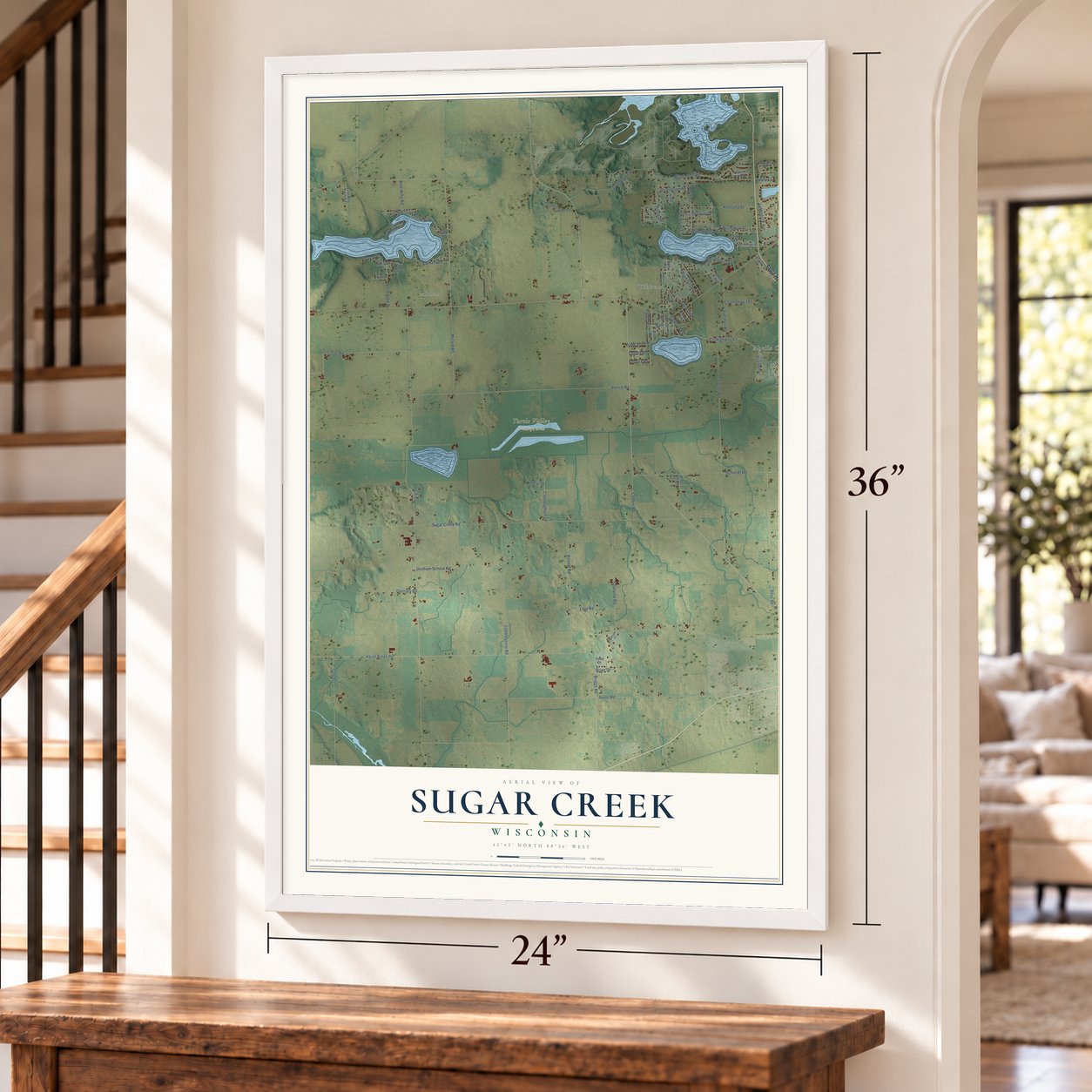 Sugar Creek, Wisconsin map, 24 x 36 inch print in a white frame by a staircase