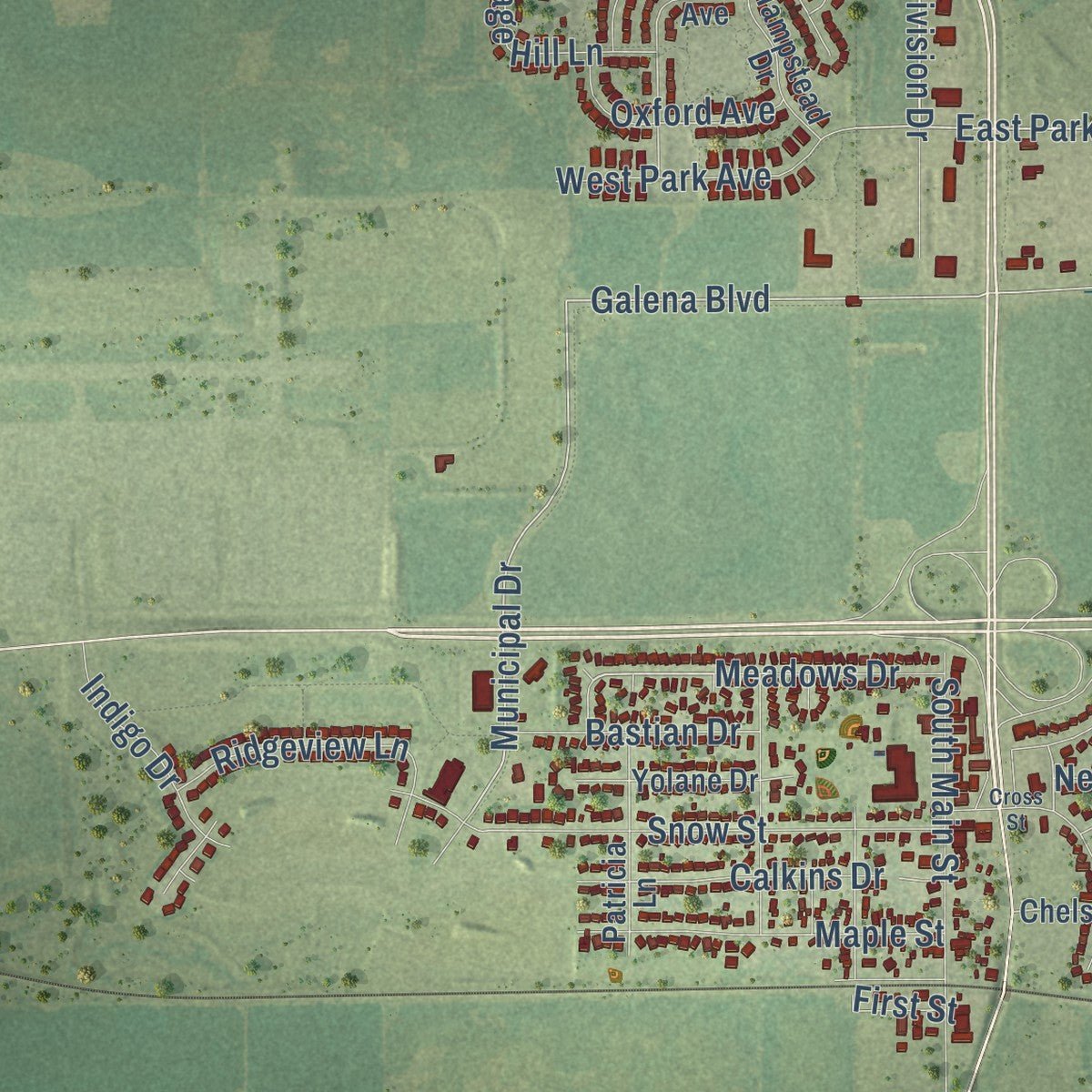 Second close-up of the map of Sugar Grove, Illinois print showing more streets and buildings