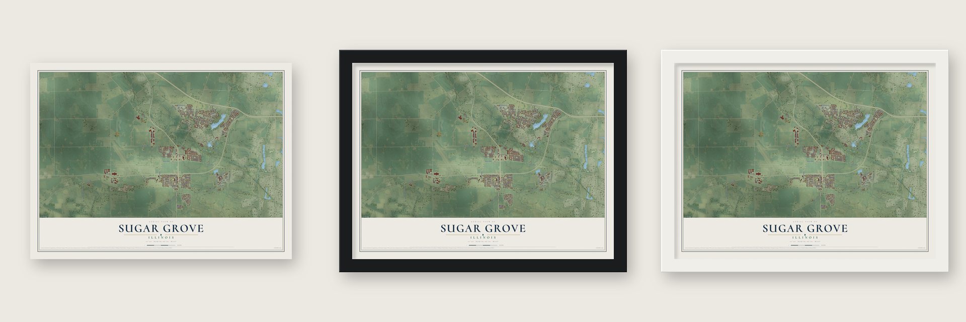 Sugar Grove, Illinois map unframed, in a black wood frame and in a white wood frame