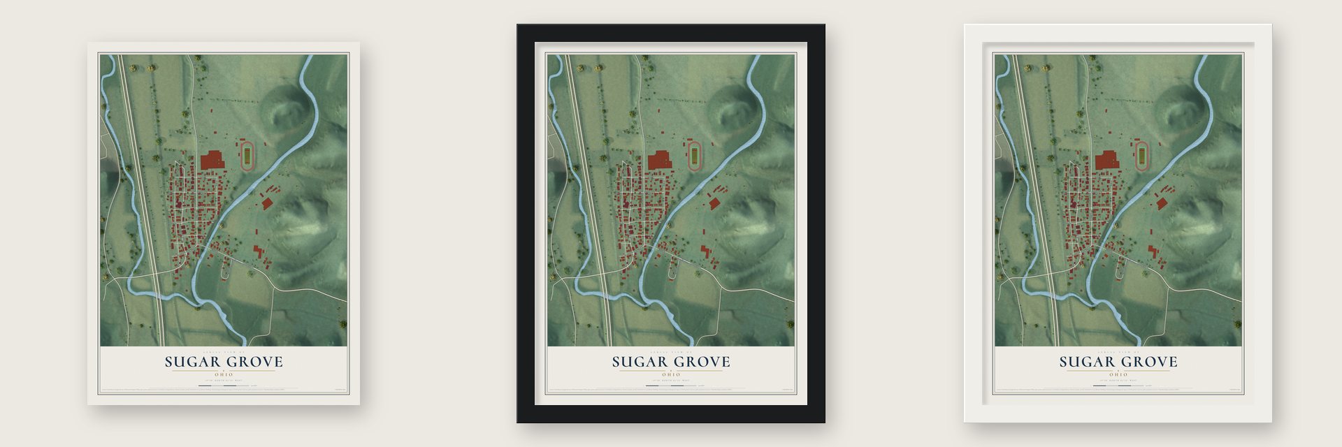 Sugar Grove, Ohio map unframed, in a black wood frame and in a white wood frame