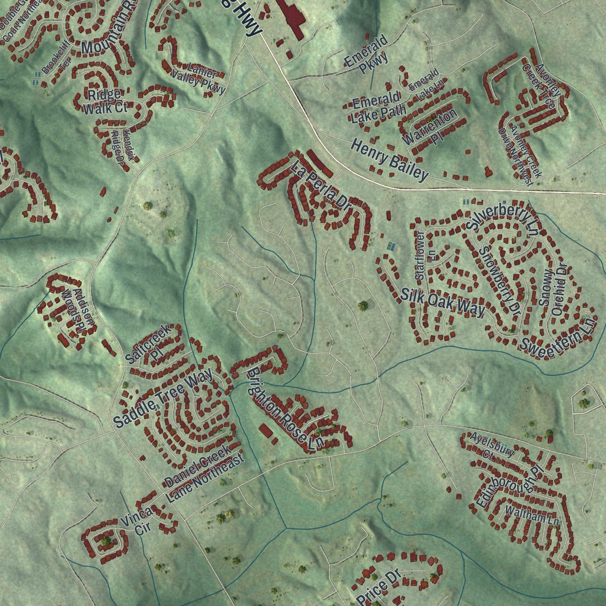 Second close-up of the map of Sugar Hill, Georgia print showing more streets and buildings