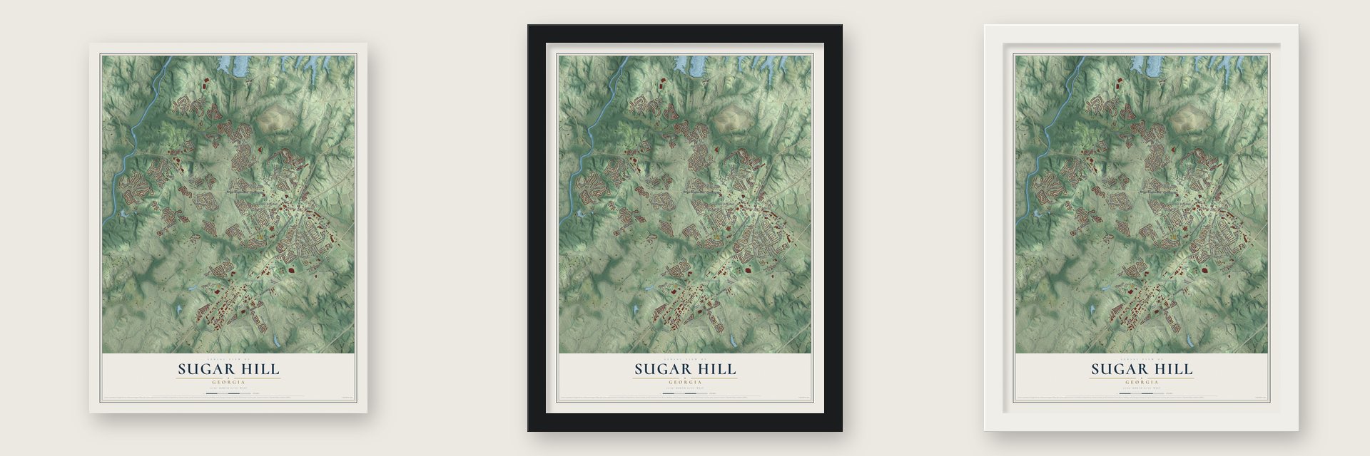 Sugar Hill, Georgia map unframed, in a black wood frame and in a white wood frame
