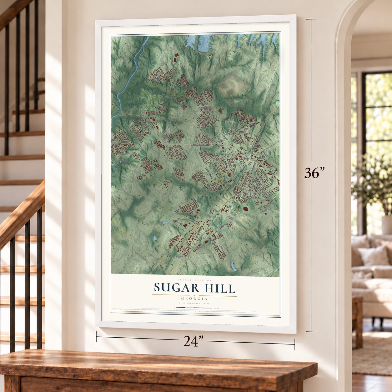 Sugar Hill, Georgia map, 24 x 36 inch print in a white frame by a staircase