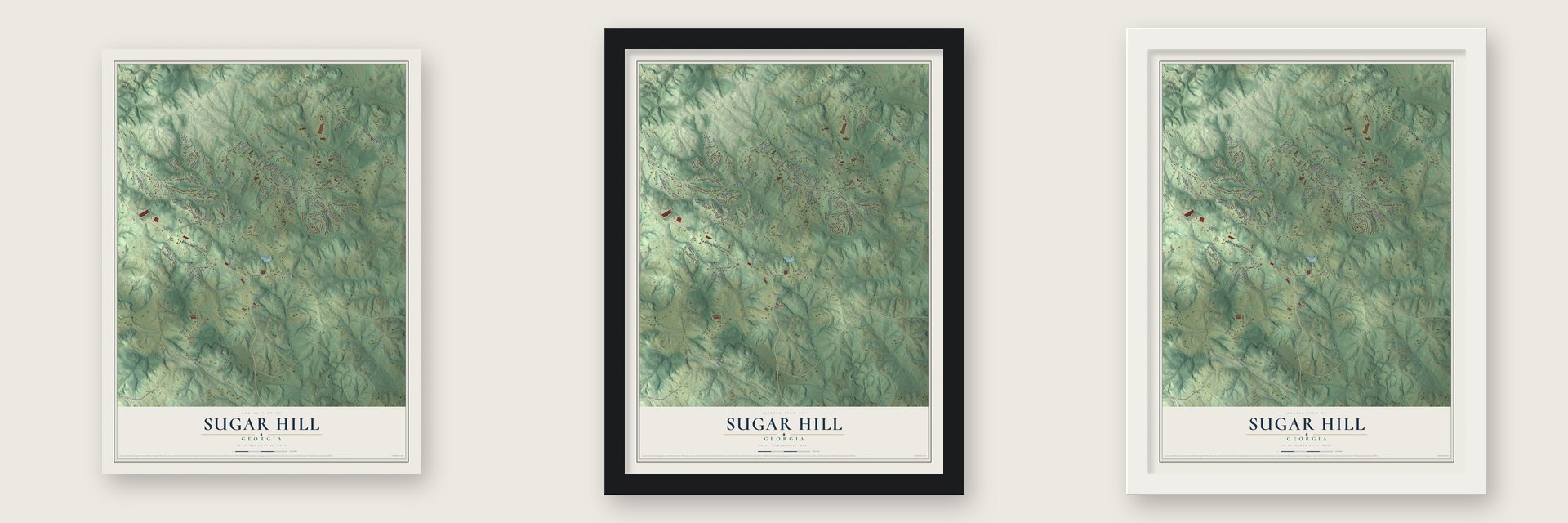 Sugar Hill, Hall County, Georgia map unframed, in a black wood frame and in a white wood frame