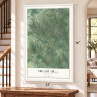 Sugar Hill, Hall County, Georgia map, 24 x 36 inch print in a white frame by a staircase