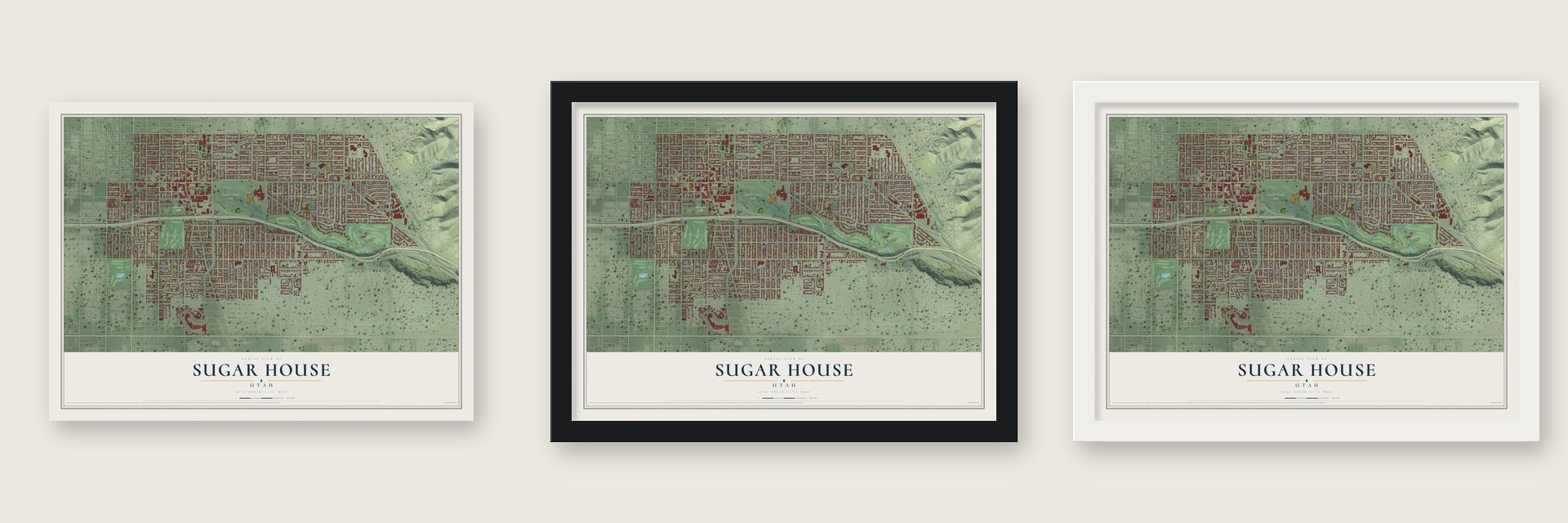Sugar House, Utah map unframed, in a black wood frame and in a white wood frame