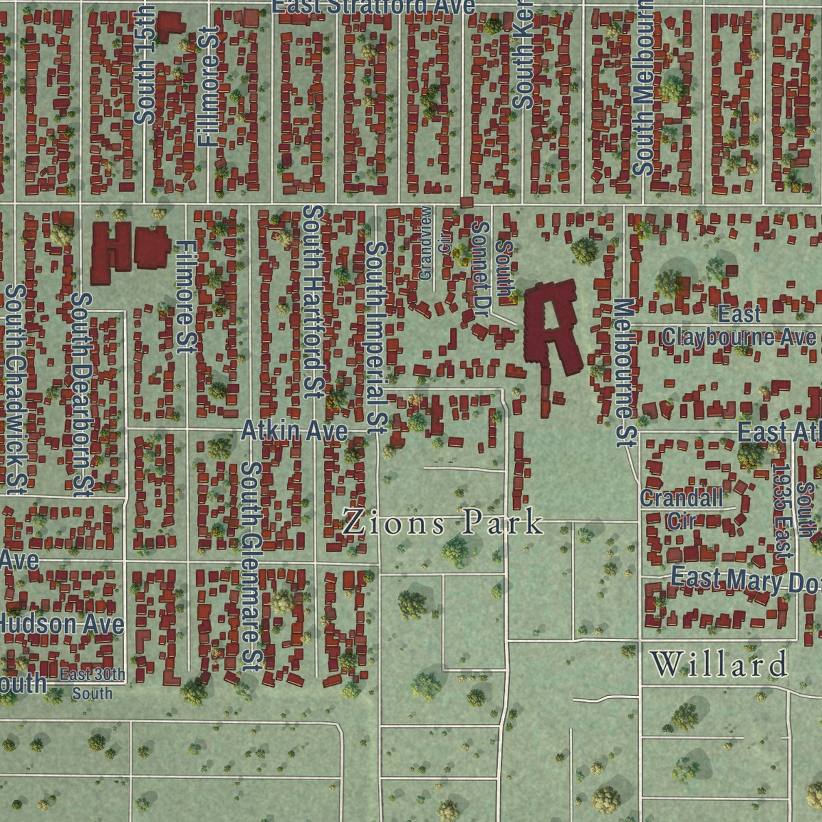 Second close-up of the map of Sugar House, Utah print showing more streets and buildings