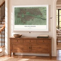 Sugar House, Utah map, 24 x 36 inch print in a white frame above a dresser by a staircase