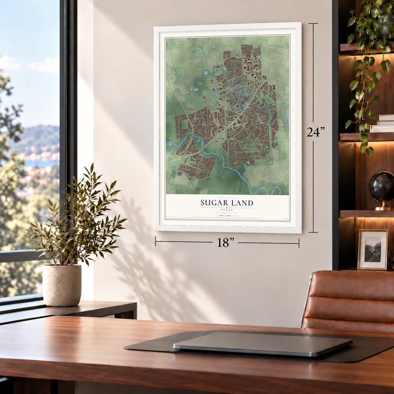 Sugar Land, Texas map, 18 x 24 inch print in a white frame in a home office