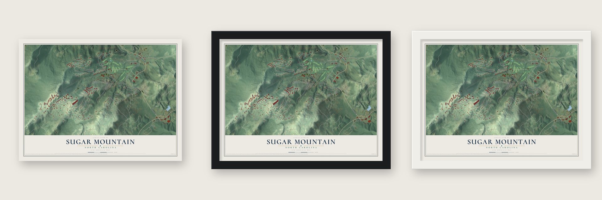 Sugar Mountain, North Carolina map unframed, in a black wood frame and in a white wood frame