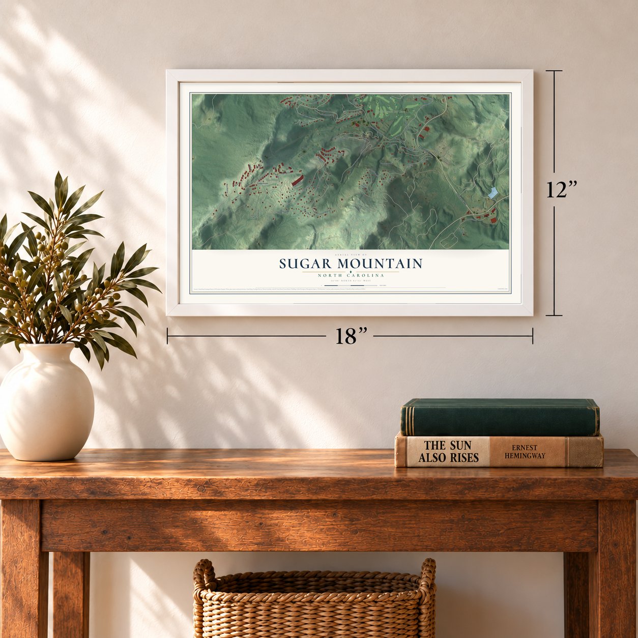 Sugar Mountain, North Carolina map, 12 x 18 inch print in a white frame in an entryway