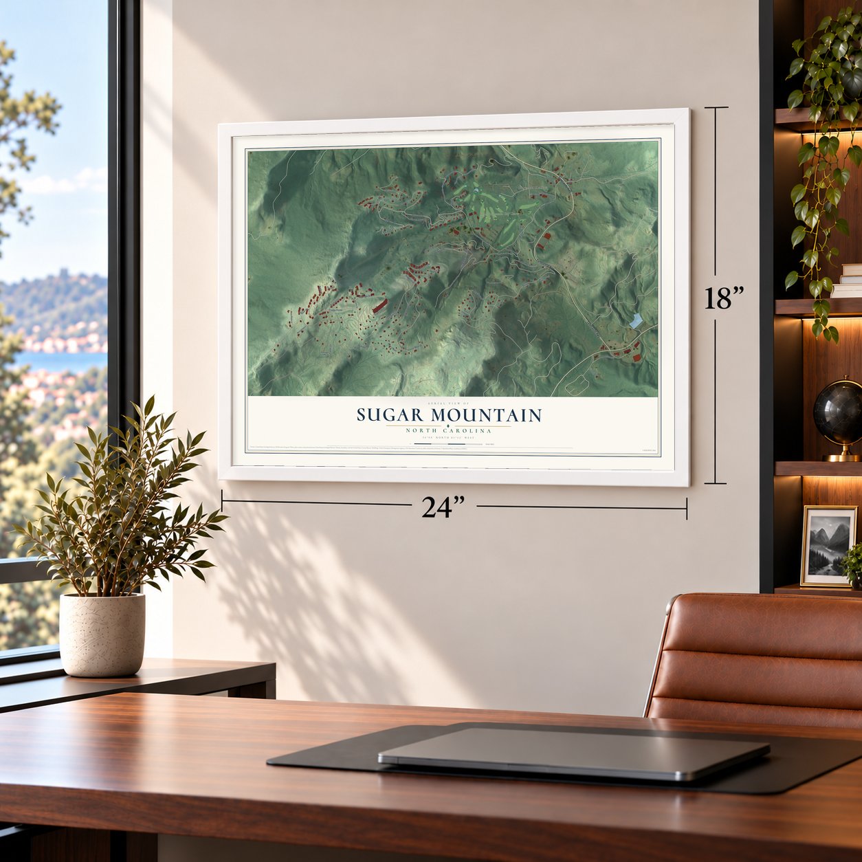 Sugar Mountain, North Carolina map, 18 x 24 inch print in a white frame in a home office