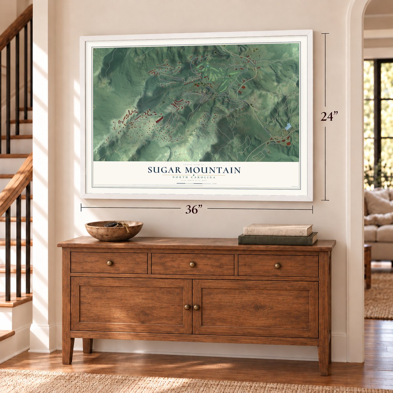 Sugar Mountain, North Carolina map, 24 x 36 inch print in a white frame above a dresser by a staircase