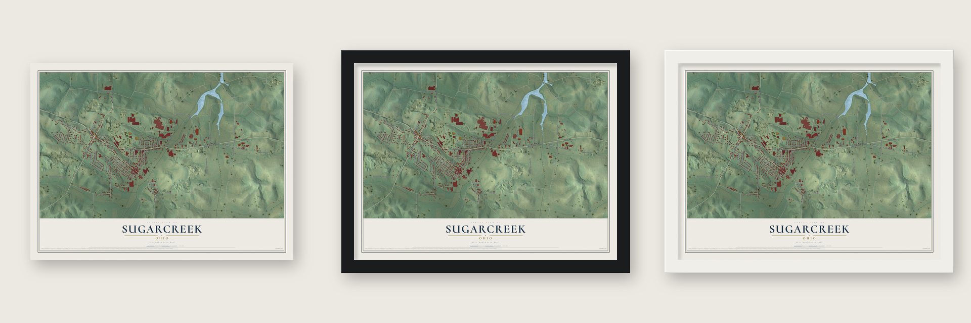 Sugarcreek, Ohio map unframed, in a black wood frame and in a white wood frame