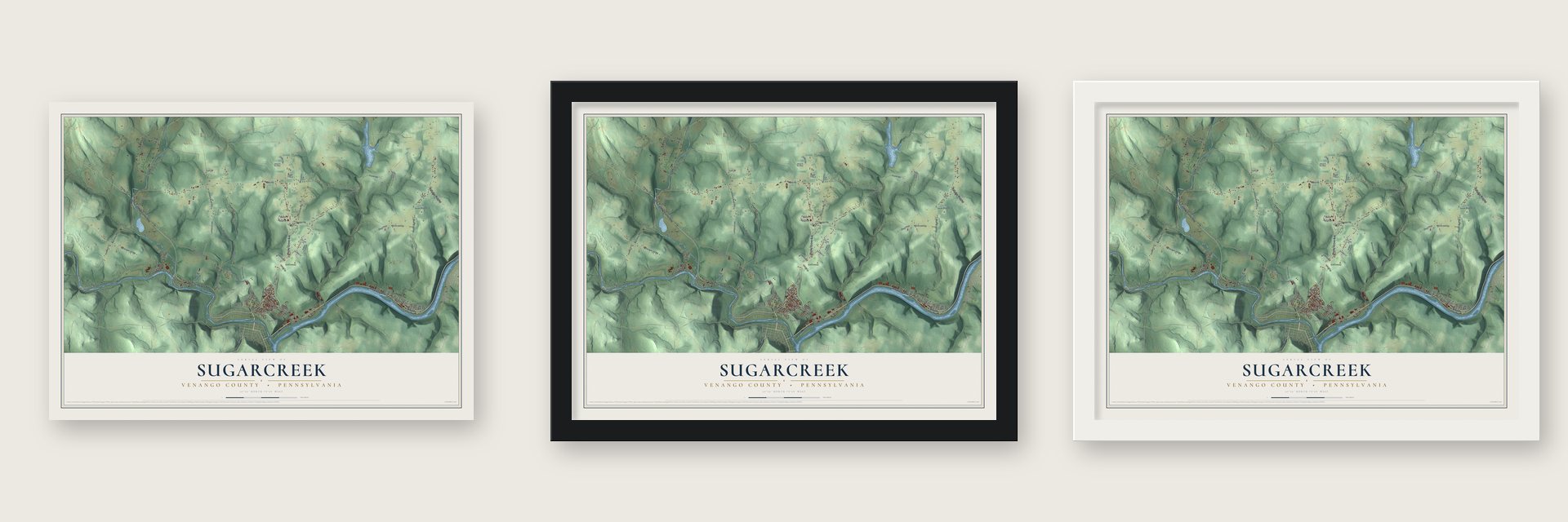Sugarcreek, Venango County, Pennsylvania map unframed, in a black wood frame and in a white wood frame
