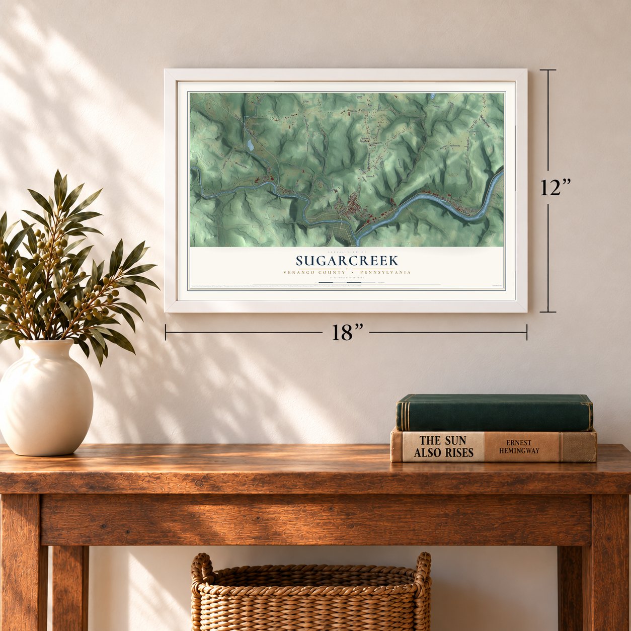 Sugarcreek, Venango County, Pennsylvania map, 12 x 18 inch print in a white frame in an entryway