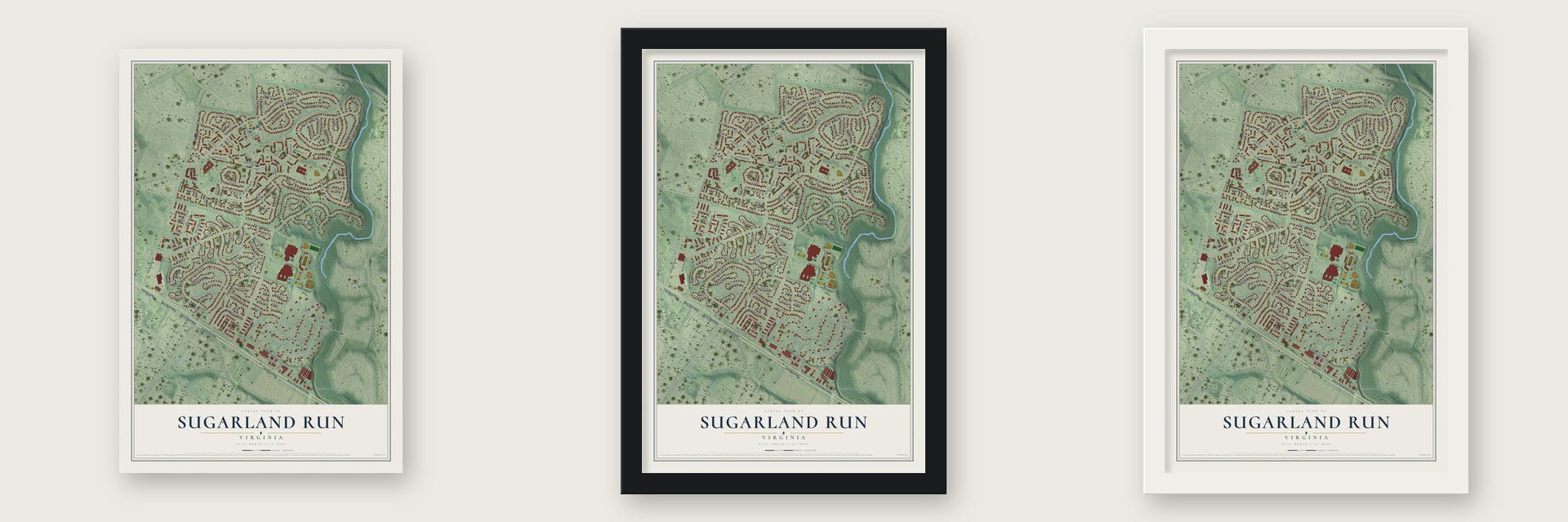 Sugarland Run, Virginia map unframed, in a black wood frame and in a white wood frame