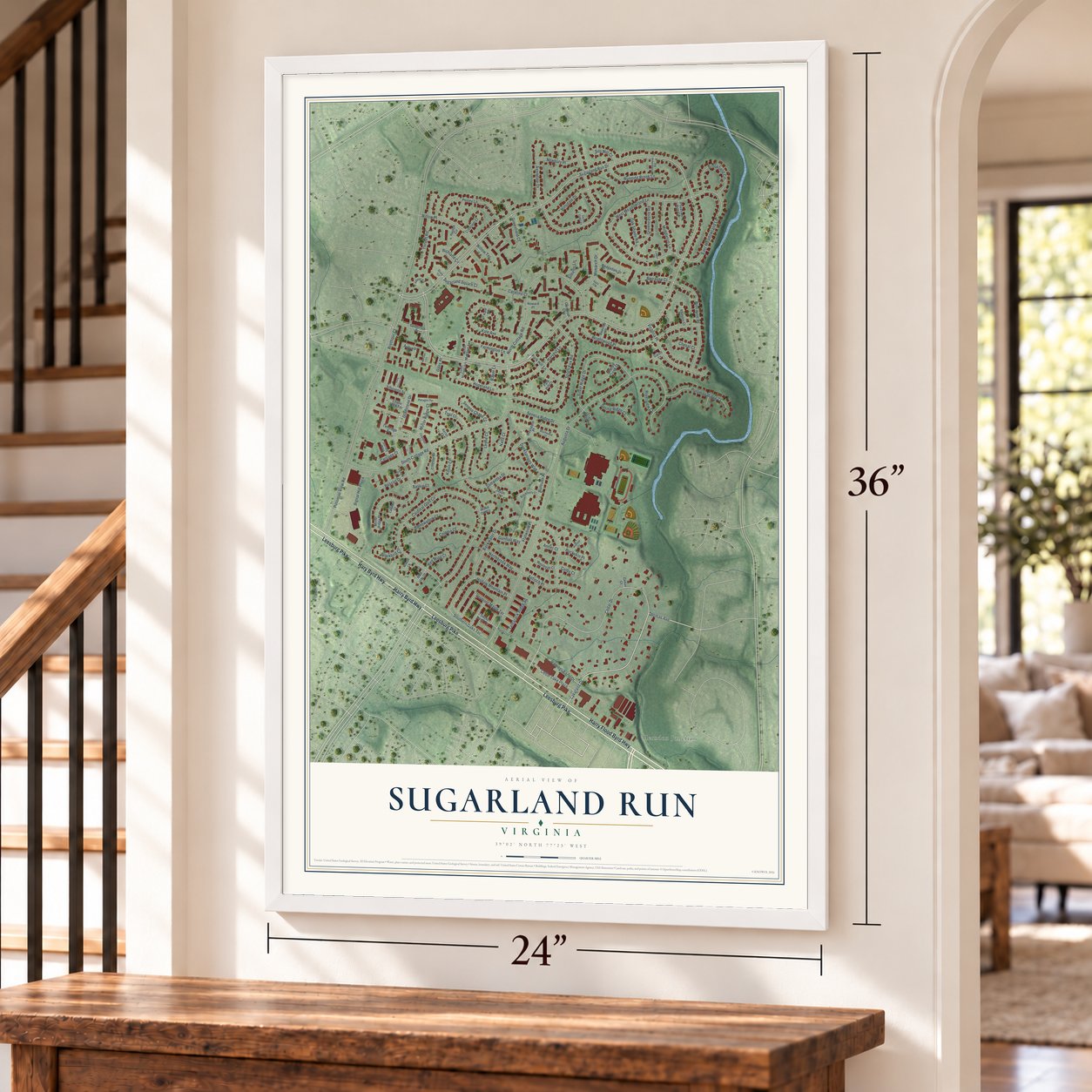 Sugarland Run, Virginia map, 24 x 36 inch print in a white frame by a staircase