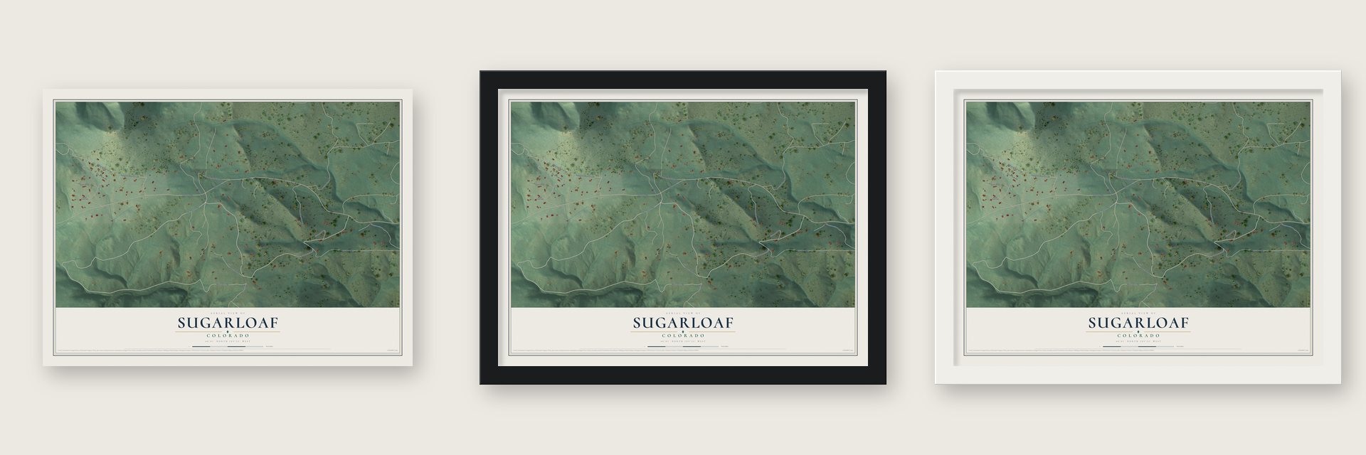 Sugarloaf, Colorado map unframed, in a black wood frame and in a white wood frame