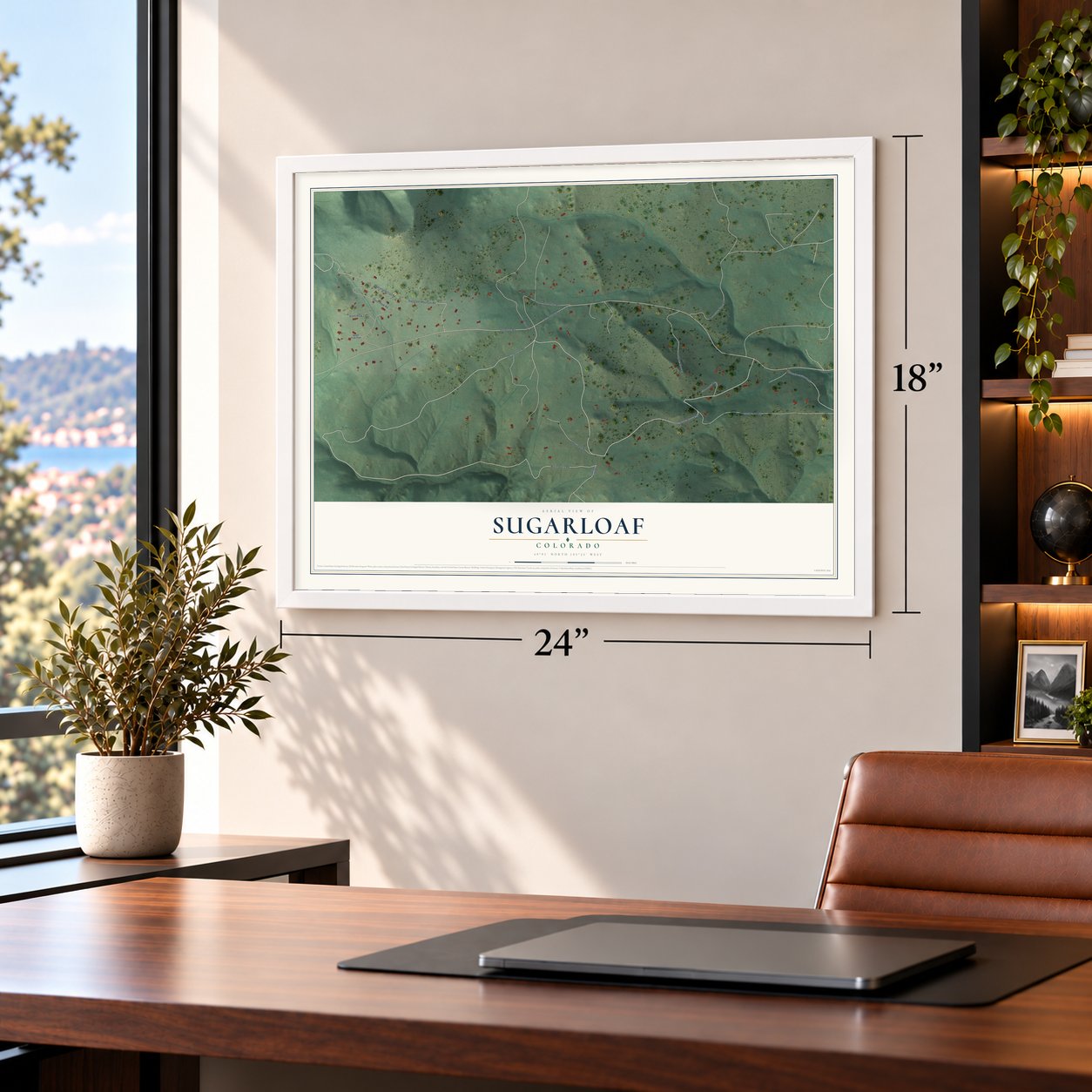 Sugarloaf, Colorado map, 18 x 24 inch print in a white frame in a home office