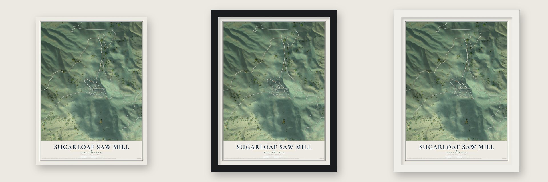 Sugarloaf Saw Mill, California map unframed, in a black wood frame and in a white wood frame