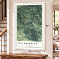 Sugarloaf Saw Mill, California map, 24 x 36 inch print in a white frame by a staircase