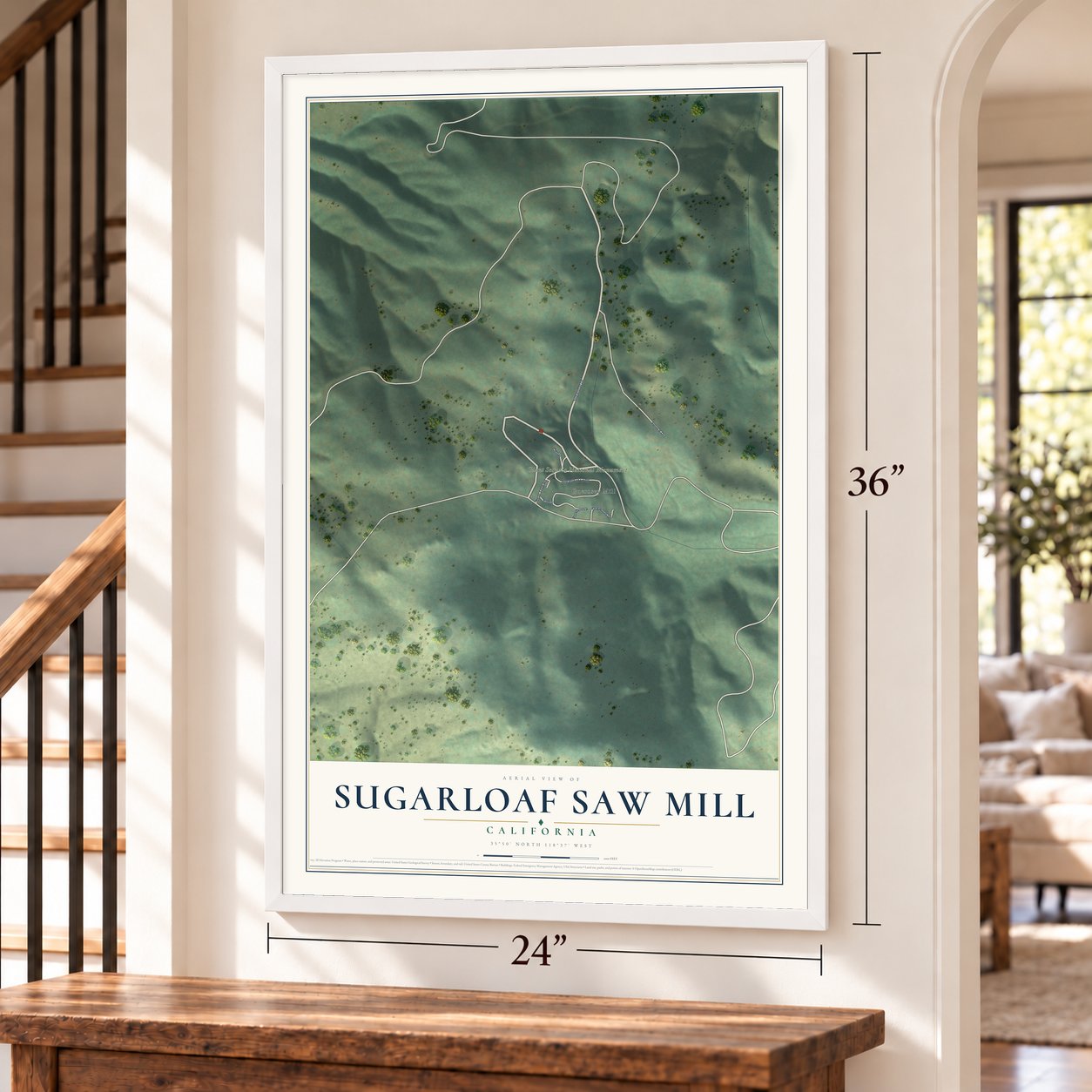 Sugarloaf Saw Mill, California map, 24 x 36 inch print in a white frame by a staircase