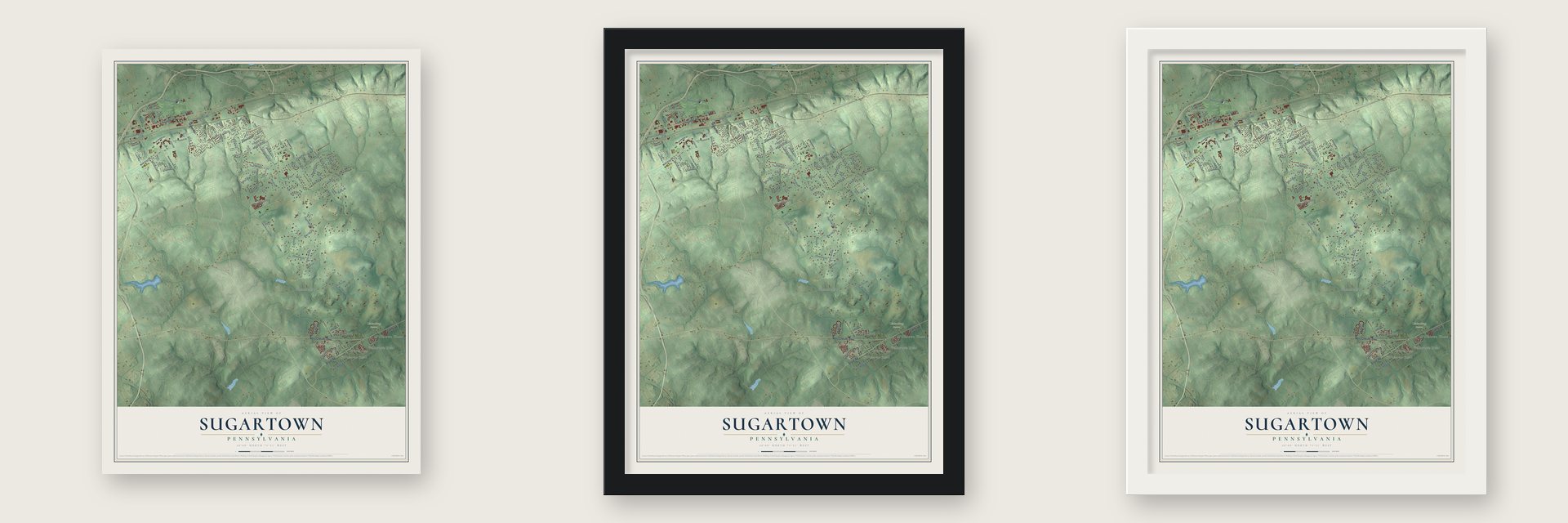 Sugartown, Pennsylvania map unframed, in a black wood frame and in a white wood frame