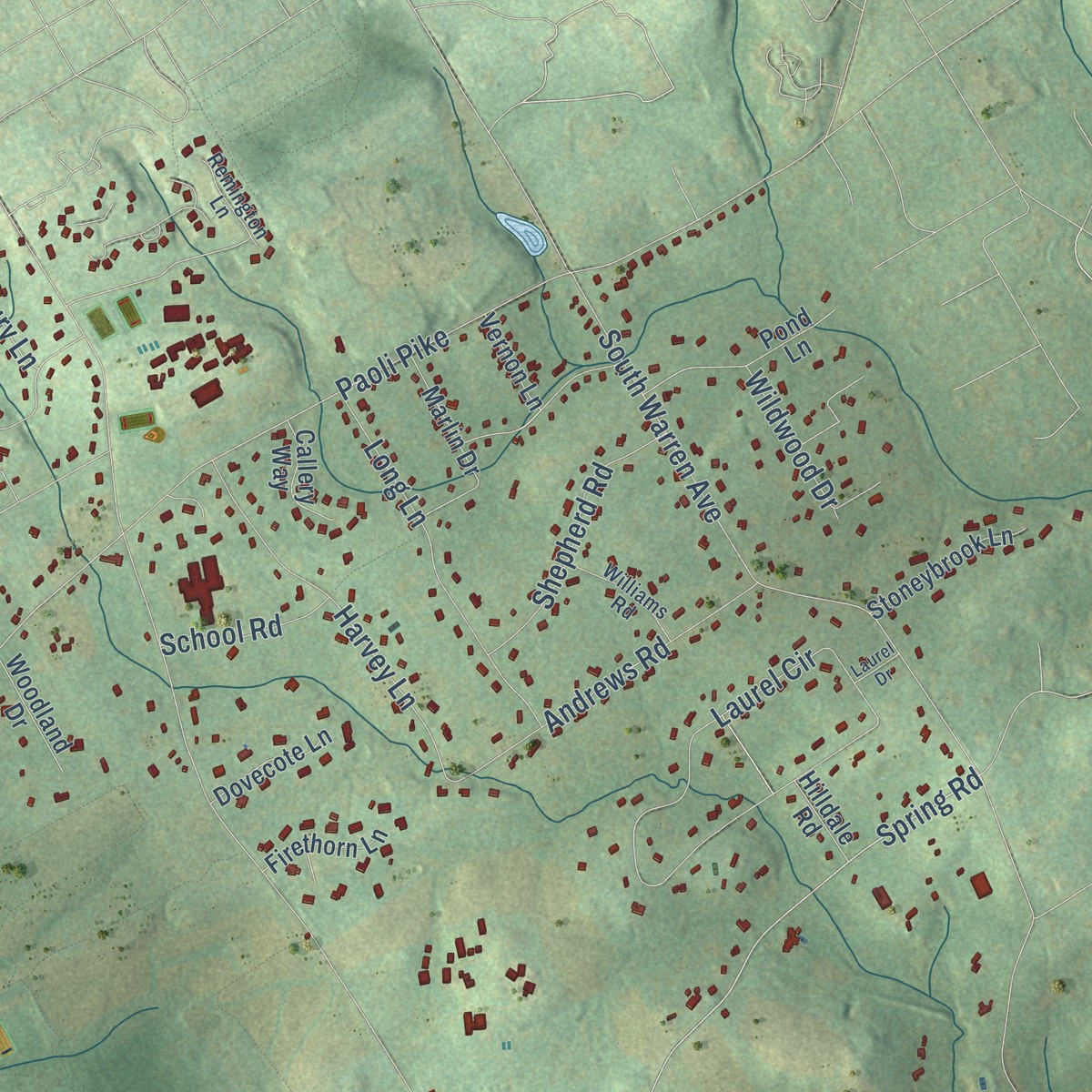 Second close-up of the map of Sugartown, Pennsylvania print showing more streets and buildings